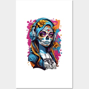 Girl with a skill mask paint and headphones Posters and Art